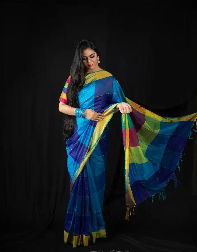woman in blue yellow and purple dress